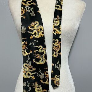 KAI LONG Hand Made 100% Silk Men's Dragon Pattern Tie Black Gold EUC